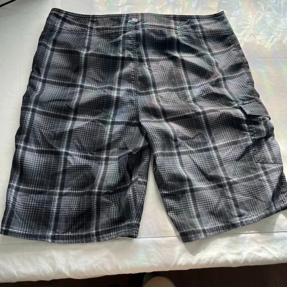 O’Neill Men’s Plaid Board Swim Trunks Adjustable Waist Black Gray